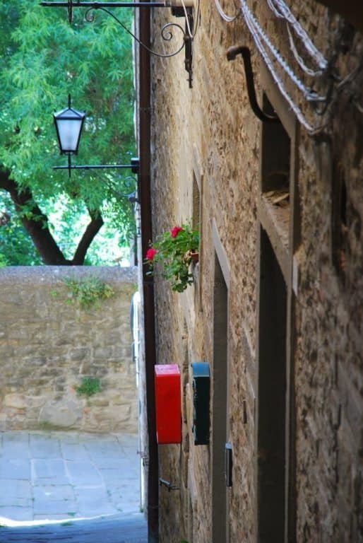 Italy, Cortona – lamp and red flowers, June 2014