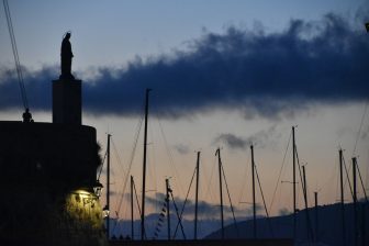 Italy-Sardinia-Alghero-after sunset-masts-statue-sky