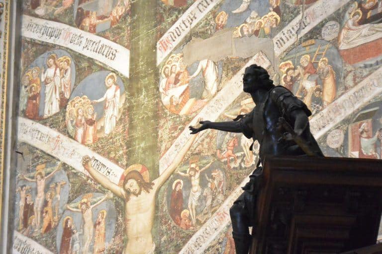 Bergamo, Santa Maria Maggiore – statue and picture on the wall, Apr.2018 (Lombardia)