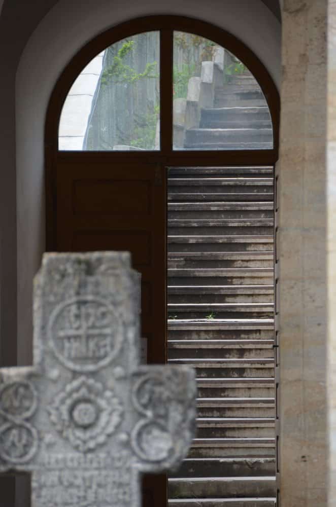 Romania, Bistrita – cross, door and stairs, Apr. 2014 (Valcea)