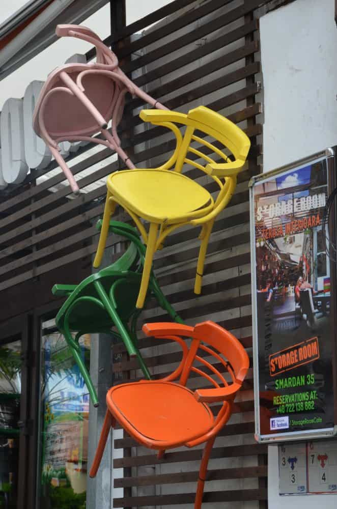Romania, Bucharest – colourful chairs, Apr. 2014 (Bucharest)