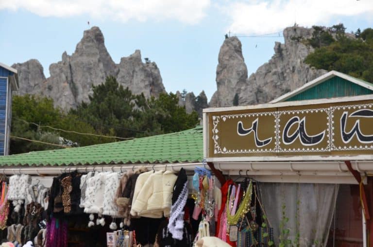 Crimea, Ai-Petri – stalls and mountain, July 2013 (Crimea)