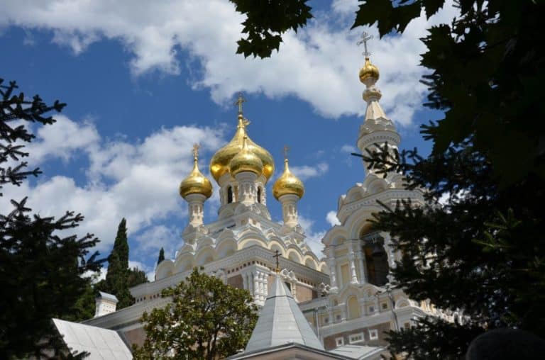 Ukraine, Yalta – church behind trees, July 2013 (Yalta)
