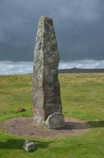 England-Devon-Dartmoor-Merrivale-stone pillar-dark sky