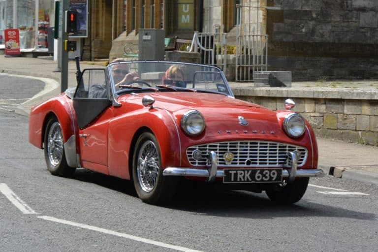 Dorchester – red old car, May 2015 (Dorset)