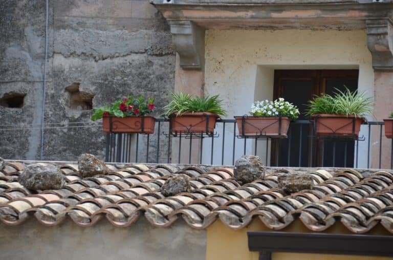 Gerace – tetto e vasi di fiori, Luglio 2015 (Calabria)