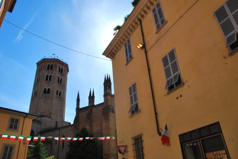 Italy, Piacenza – tower and flags, June 2013 (Emilia-Romaña)