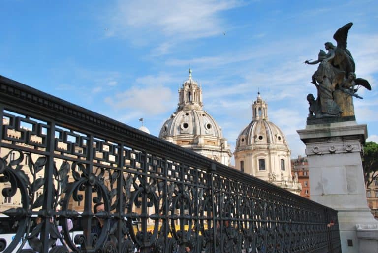 Italy, Rome – fence, statue and domes, Nov.2013 (Rome)