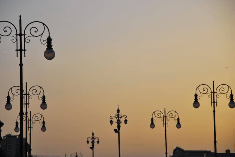 Italy, Trieste – lamps in the sunset, Feb. 2014 (Trieste)