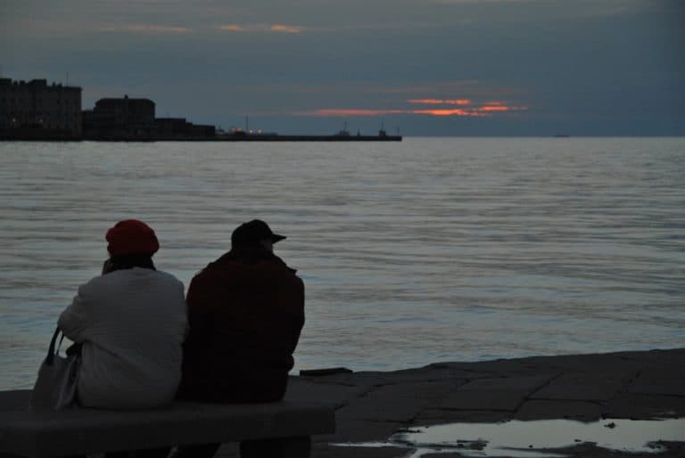 Italy, Trieste – couple and setting sun, Feb. 2014 (Trieste)