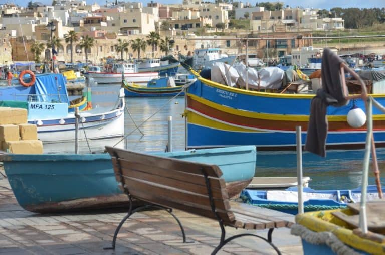 Malta, Marsaxlokk – view with a bench, Feb. 2013