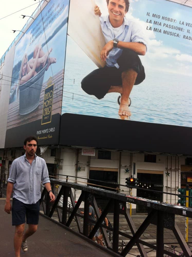 Italy, Milan, Navigli – man in the ad, July 2013 (Milán)