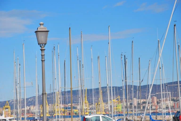Italy, Muggia – masts and lamp, Feb. 2014 (Trieste)