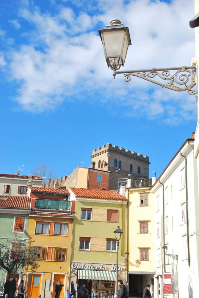 Italy, Muggia – lamp and houses, Feb. 2014 (Trieste)