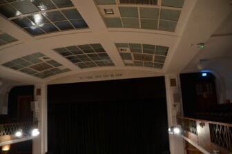 the view of the stage and the ceiling of the hall
