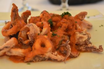 Italy-Sardinia-Codrongianos-restaurant-Ristorante Saccargia-the squid with garlic sauce