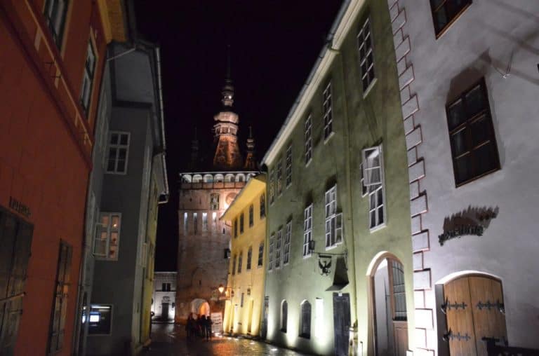 Romania, Sighisoara – street at night, Apr. 2014 (Sighisoara)
