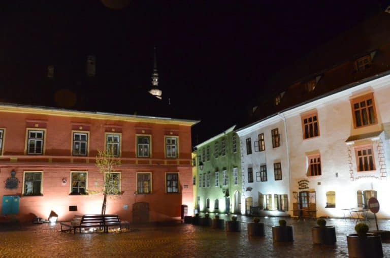 Romania, Sighisoara – square at night, Apr. 2014 (Sighisoara)