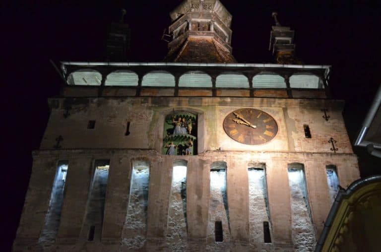 Romania, Sighisoara – clock tower at night, Apr. 2014 (Sighisoara)