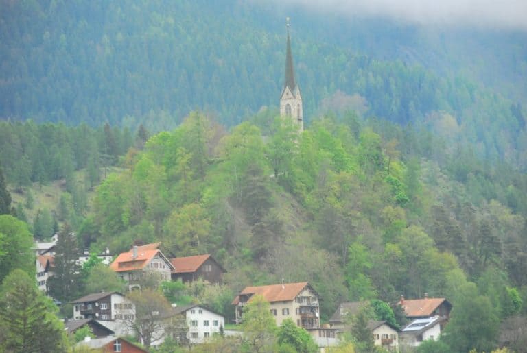 Switzerland, Glacier Express – church and village, May 2012