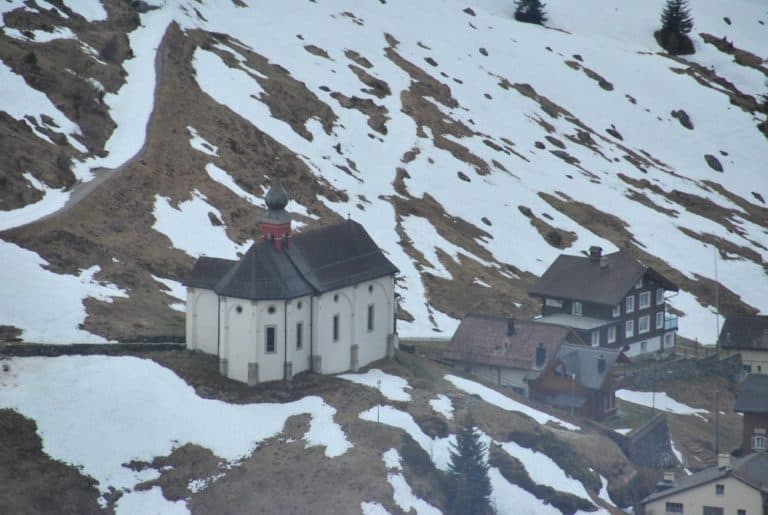 Switzerland, Glacier Express – church on the slope, May 2012