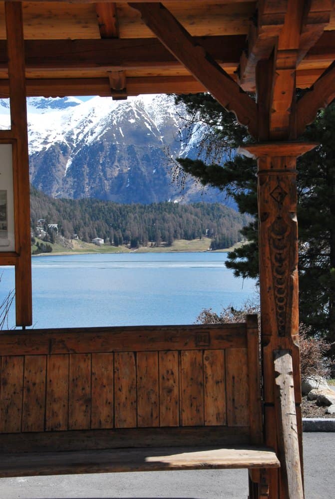 Switzerland, St.Moritz – wooden bench, May 2012 (Sankt Moritz)