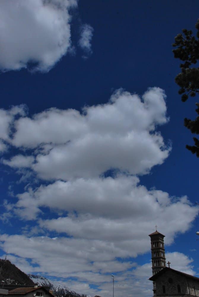 Switzerland, St.Moritz – clouds and church, May 2012 (Sankt Moritz)