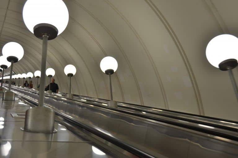 Moscow metro – escalator of Park Pobedy, Aug.2017 (Moscow)
