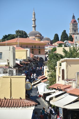Greece-Rhodes-Rhodes Town-old town-street-mosque-clock tower-people
