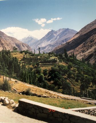 Pakistan-Karimabad-mountains-fields-trees