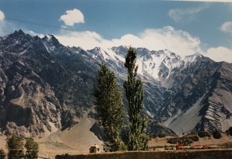 Pakistan-from Sust to Karimabad-Karakorum Highway-scenery-trees-mountains-snow caped