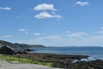 England-Cornwall-Looe-Plaidy Beach-rock-sky