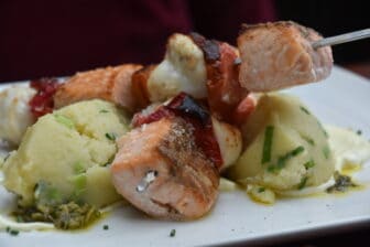 the skewers of salmon and monkfish at Teuchters Landing, the restaurant in Leith