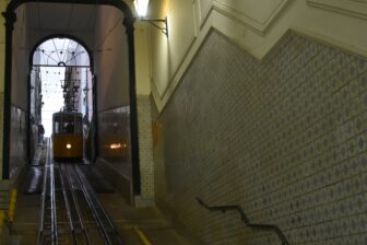 inside the station of Ascensor Da Bica, the cable car in Lisbon