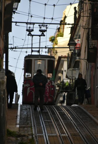リスボンのケーブルカー、Ascensor Da Bica の線路を歩く人々