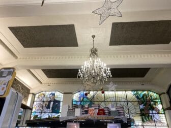 lovely stained glass and chandeliers in McDonald's in Oporto