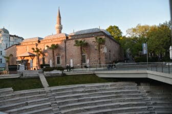 Dzhumaya Mosque beside the ruins of Roman Stadium in Plovdiv