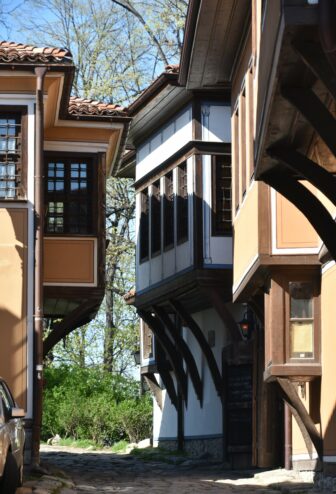 a street with traditional houses in Plovdiv