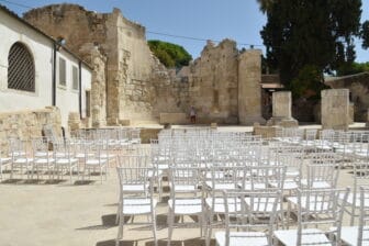 the chairs in the site of Basilica di San Giovanni where the catacombs are underneath in Syracuse, Sicily