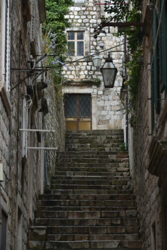 one of the steep staircase to get to the restaurant street in Dubrovnik, Croatia