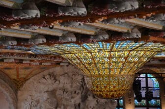 the chandelier in the main hall of Palau de la Musica Catalana in Barcelona, Spain