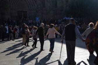 shadows of the dancers of Sardana dance in Barcelona, Spain