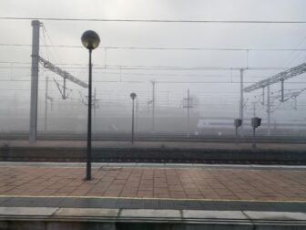 the foggy scene at the station in Salamanca, Spain