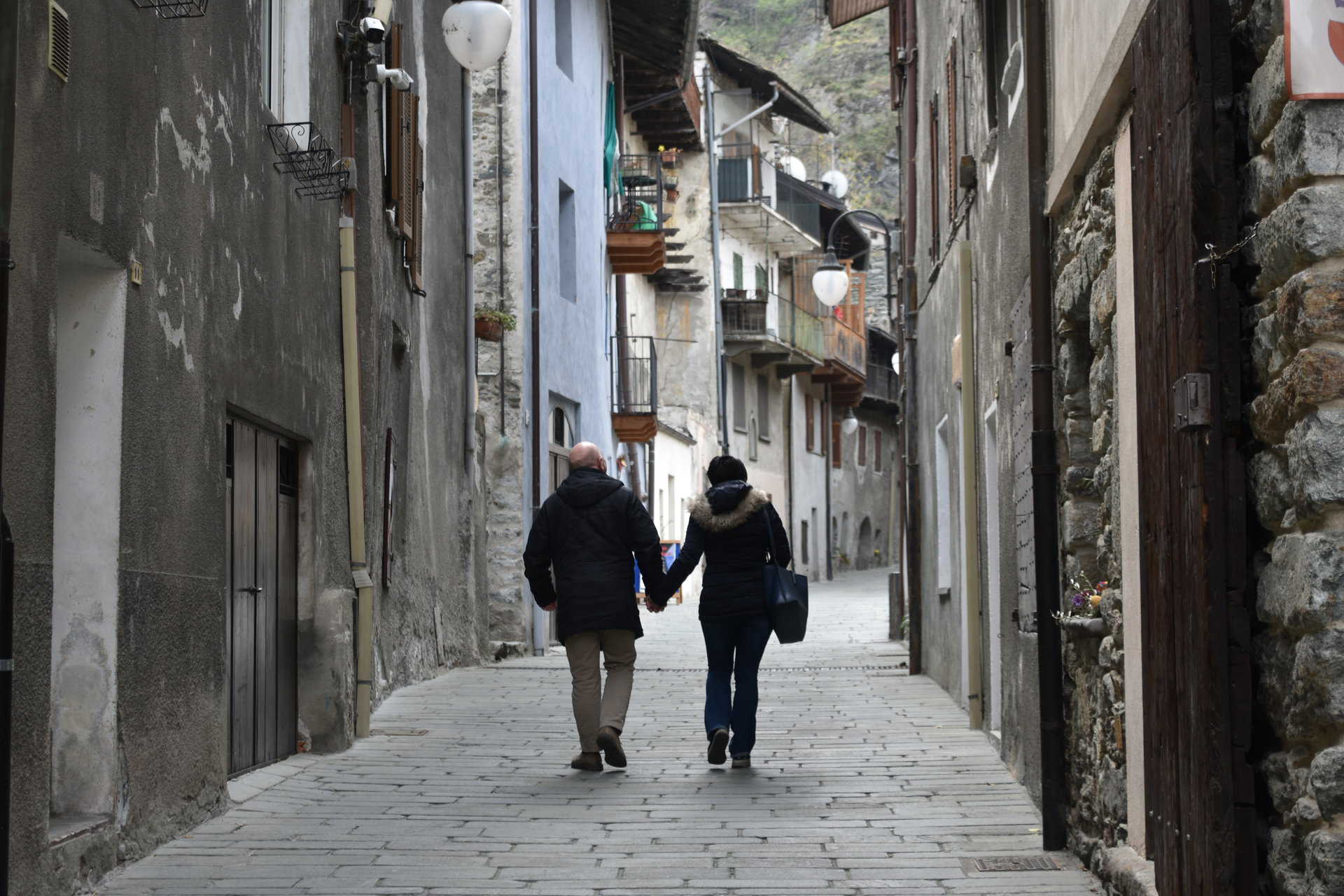 the street in Bard village at the foot of Bard Fortress in Valle d'Aosta, Italy