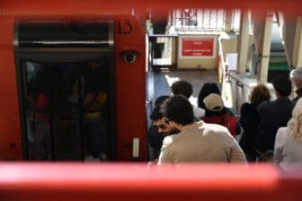 people at the funicular station at Brunate in northern Italy