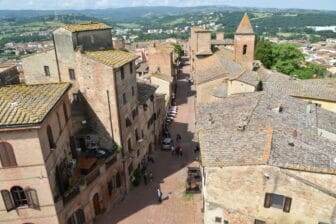 the view of old town of Certaldo, a town in Tuscany in Italy seen from the clock tower of Palazzo Pretorio