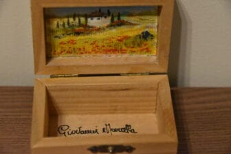 the small box with the painting given by the owner of the accommodation in Certaldo in Tuscany, Italy