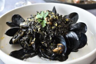 the squid ink risotto at the restaurant at Mikrolimano at Piraeus Port, Greece