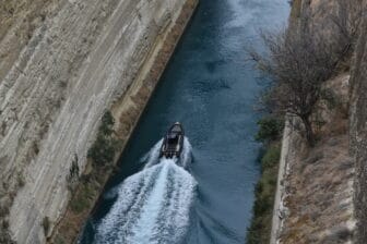 Corinth Canal seen from the bridge above it in Greece