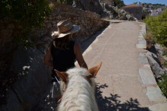 woman leading the horse on the road of Hydra island, Greece